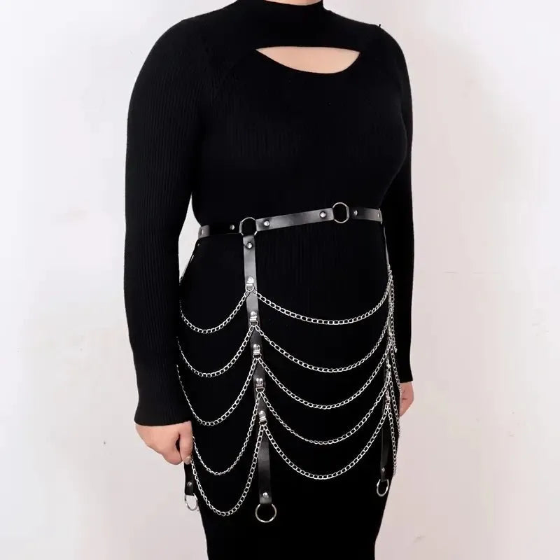 Black PU leather bandage-style waist chain ornament for women, shown with adjustable closure.