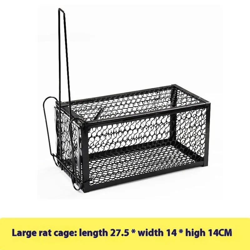 Automatic mouse trap cage in metal and plastic construction for indoor rodent control