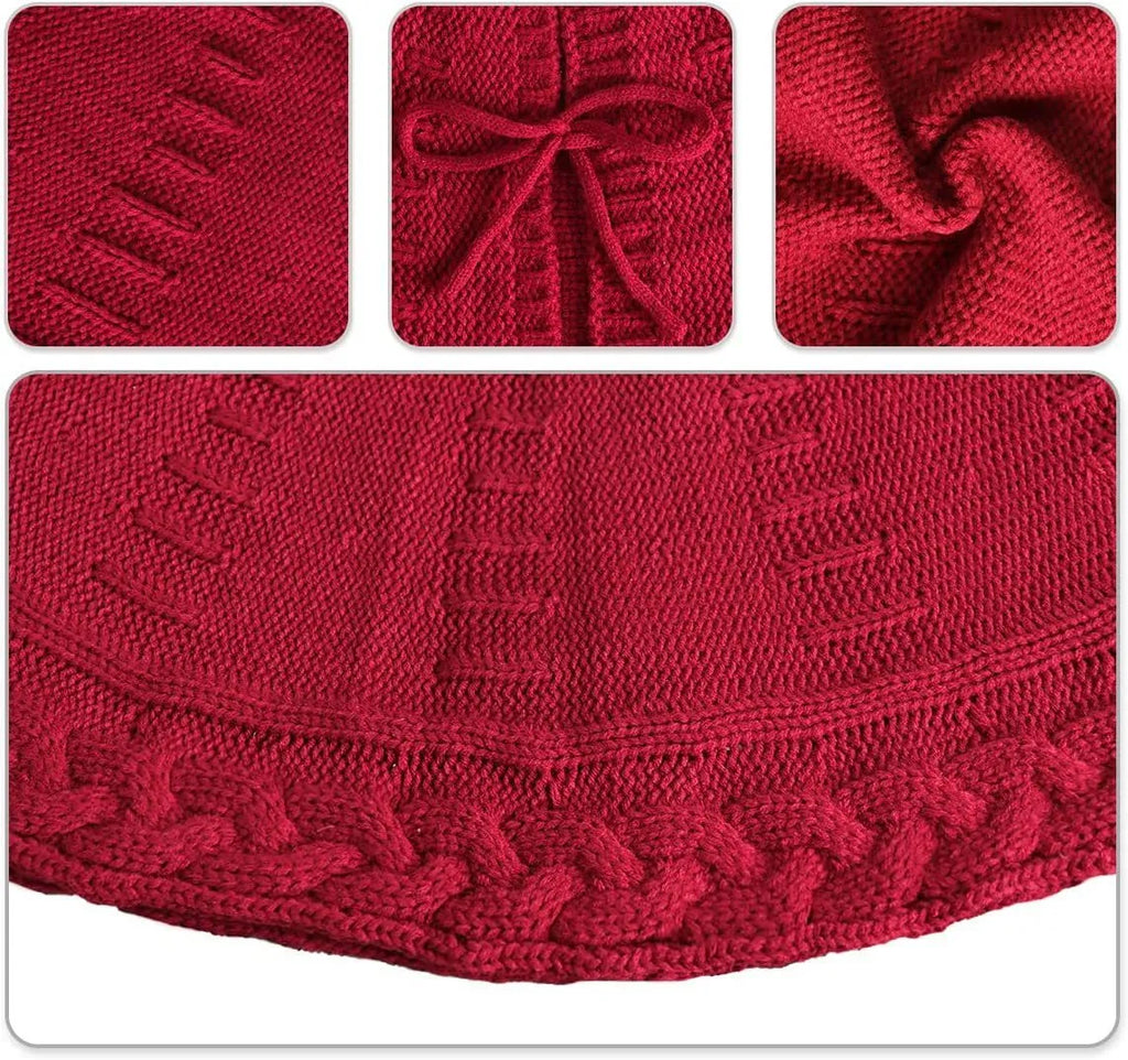 Round wool knitted Christmas tree skirt, 122cm diameter, in red or milky white, shown around a tree base