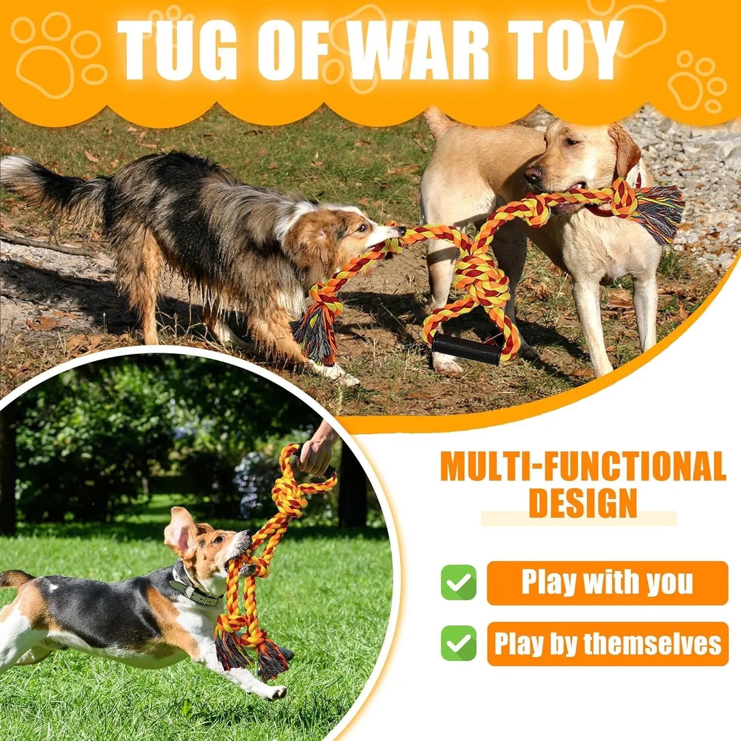 Blue and yellow durable dog rope toy for aggressive chewers with non-slip handles