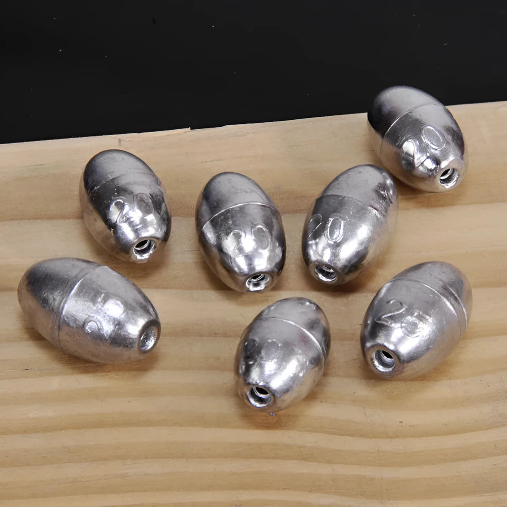 Olive-shaped lead fishing sinkers in sizes 1g to 20g, streamlined design for coarse and carp rigs