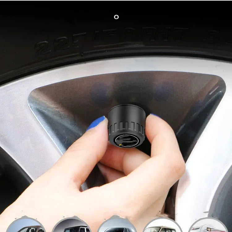 Bluetooth 5.0 automotive tyre pressure monitor kit with four black external sensors, a wrench, and anti-theft screws.