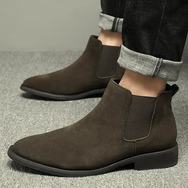 Men's pointed suede short Martin boots in brown, cowhide upper, pigskin lining, low heel