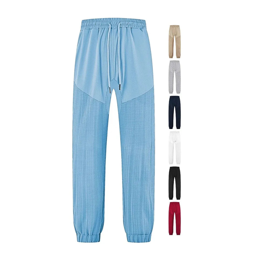 Men's Loose Thin Linen-Style Sporty Drawstring Patchwork Sweatpants with Stripes, Available in Navy Blue, Black, Khaki, White, Light Blue, Wine Red, Heather Gray, for Casual Summer Wear Mid-Rise Elasticated Waist with Belt