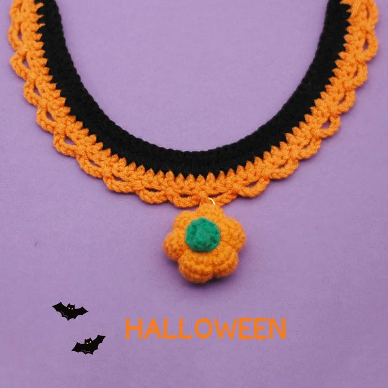 Hand crocheted wool pet collar in pumpkin colours with adjustable sizing for Halloween photography