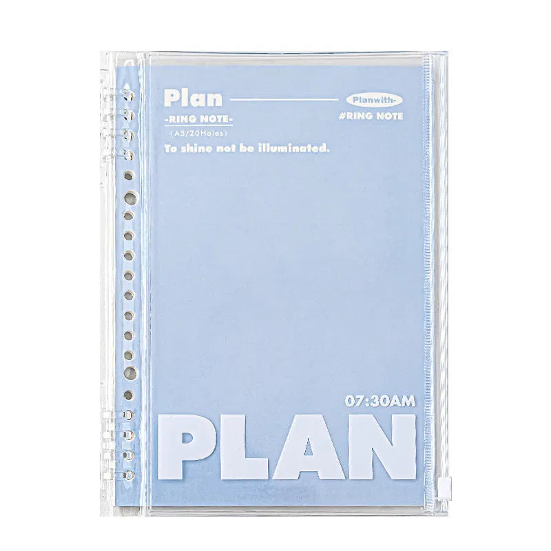 A5 loose spiral notebook with PVC binding in white and blue colour options showing removable page function