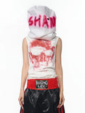Black slim-fit sleeveless T-shirt with half turtleneck collar and character print design