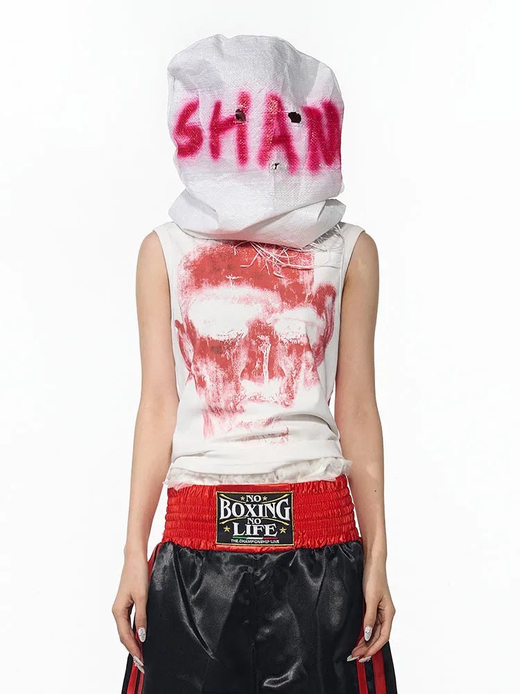 Black slim-fit sleeveless T-shirt with half turtleneck collar and character print design