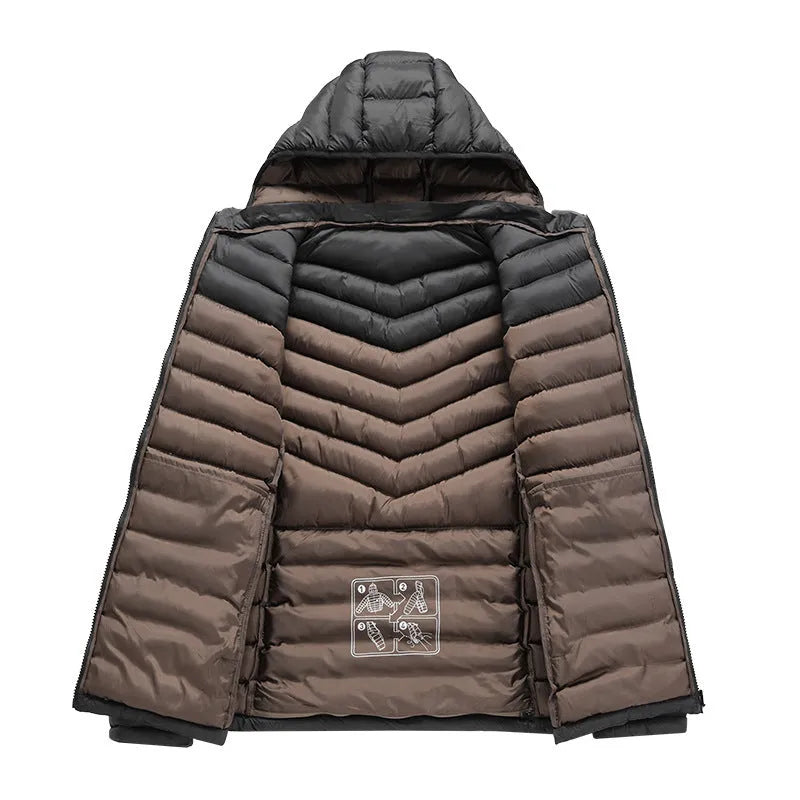 Men's lightweight padded jacket with hood and detachable collar in army green, showing zip front and pockets.