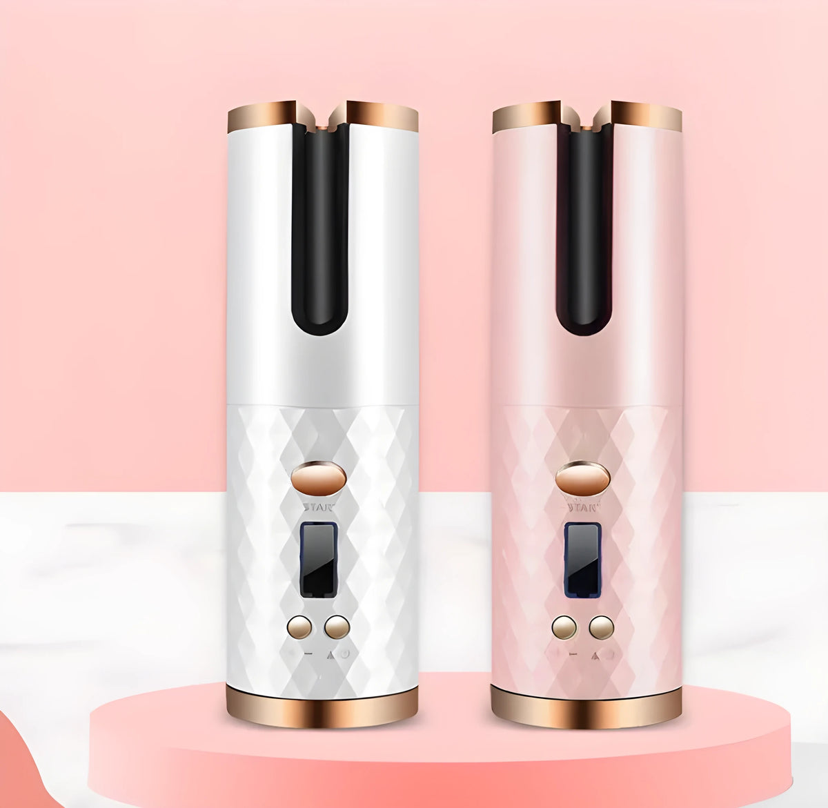 White portable USB charging mini curling iron with gold ceramic barrel and digital temperature display.