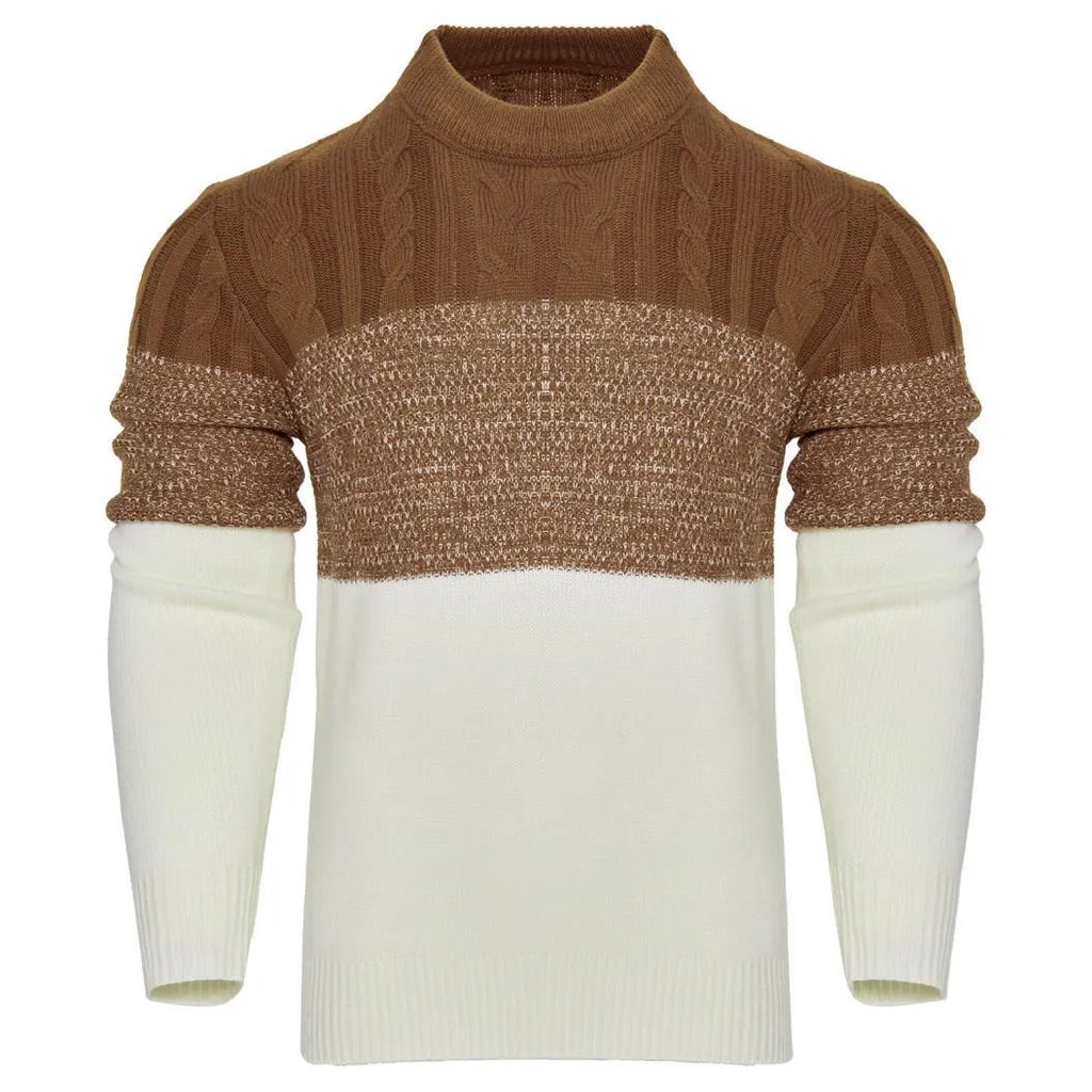 Men's grey knitted sweater with long sleeves, crew neck, and ribbed hem cuffs laid flat