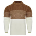 Men's grey knitted sweater with long sleeves, crew neck, and ribbed hem cuffs laid flat
