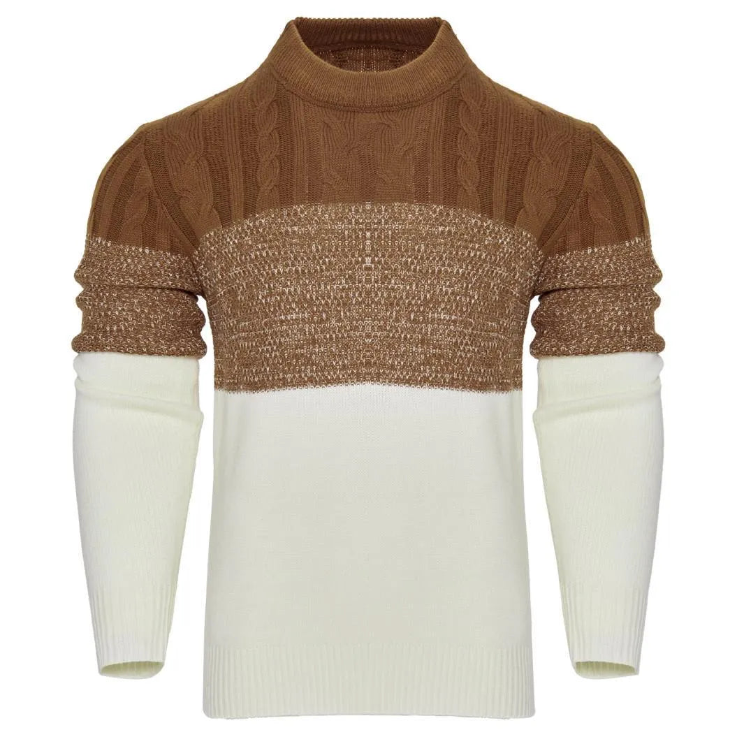 Men's grey knitted sweater with long sleeves, crew neck, and ribbed hem cuffs laid flat