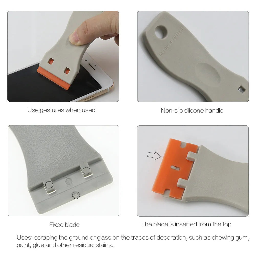 Car film glue removal scraper with stainless steel 40mm blade and grey plastic handle on white background