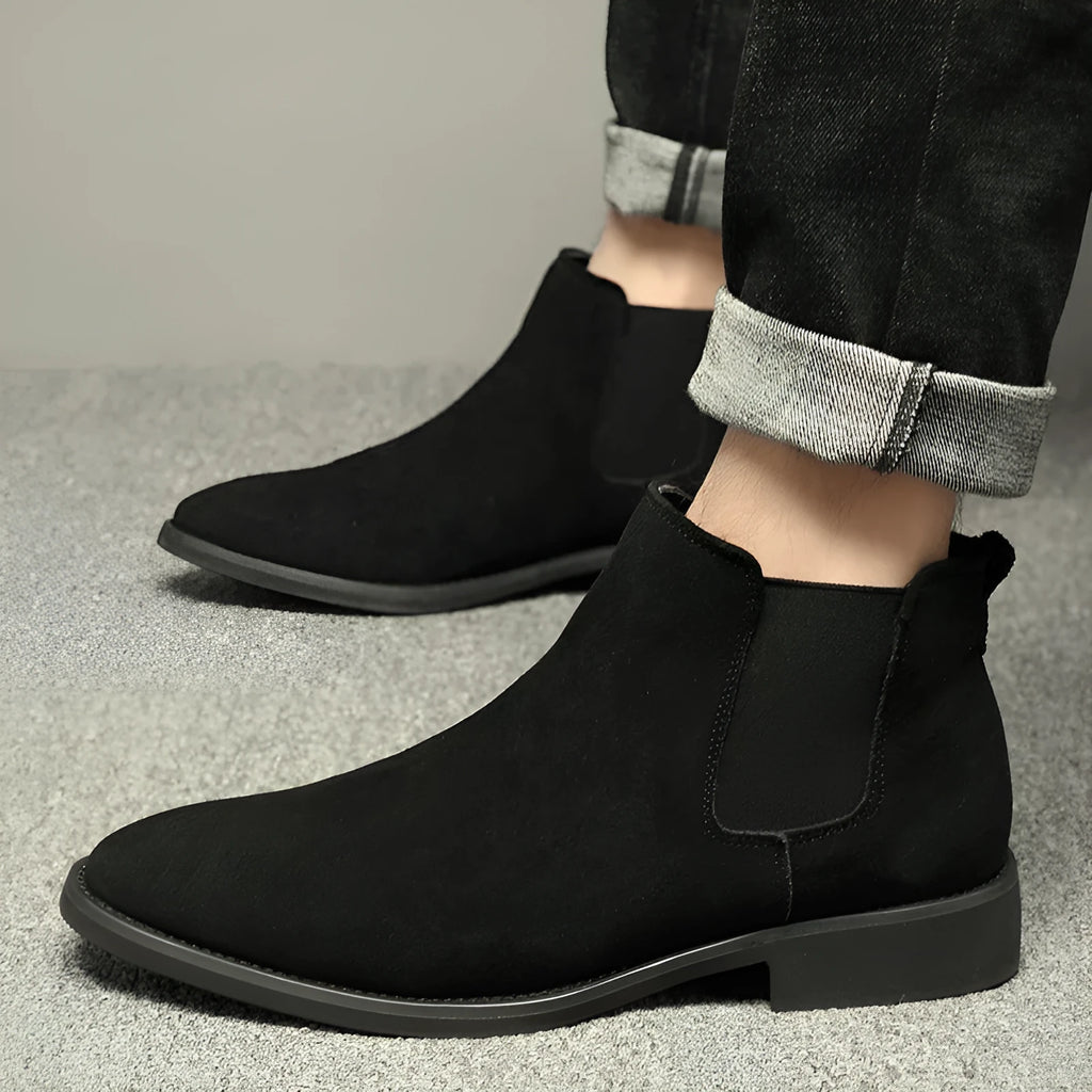 Men's pointed suede short Martin boots in brown, cowhide upper, pigskin lining, low heel