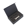 Bluetooth 5.0 automotive tyre pressure monitor kit with four black external sensors, a wrench, and anti-theft screws.