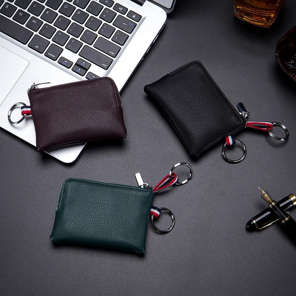 Men's ultra-thin leather zip coin purse in black, brown or green for cards, licence and keys