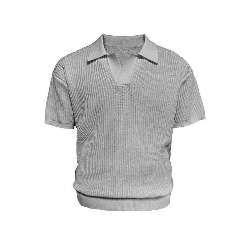 A creamy-white loose-fit polo shirt with a striped collar, made from thin ice silk fabric for summer.