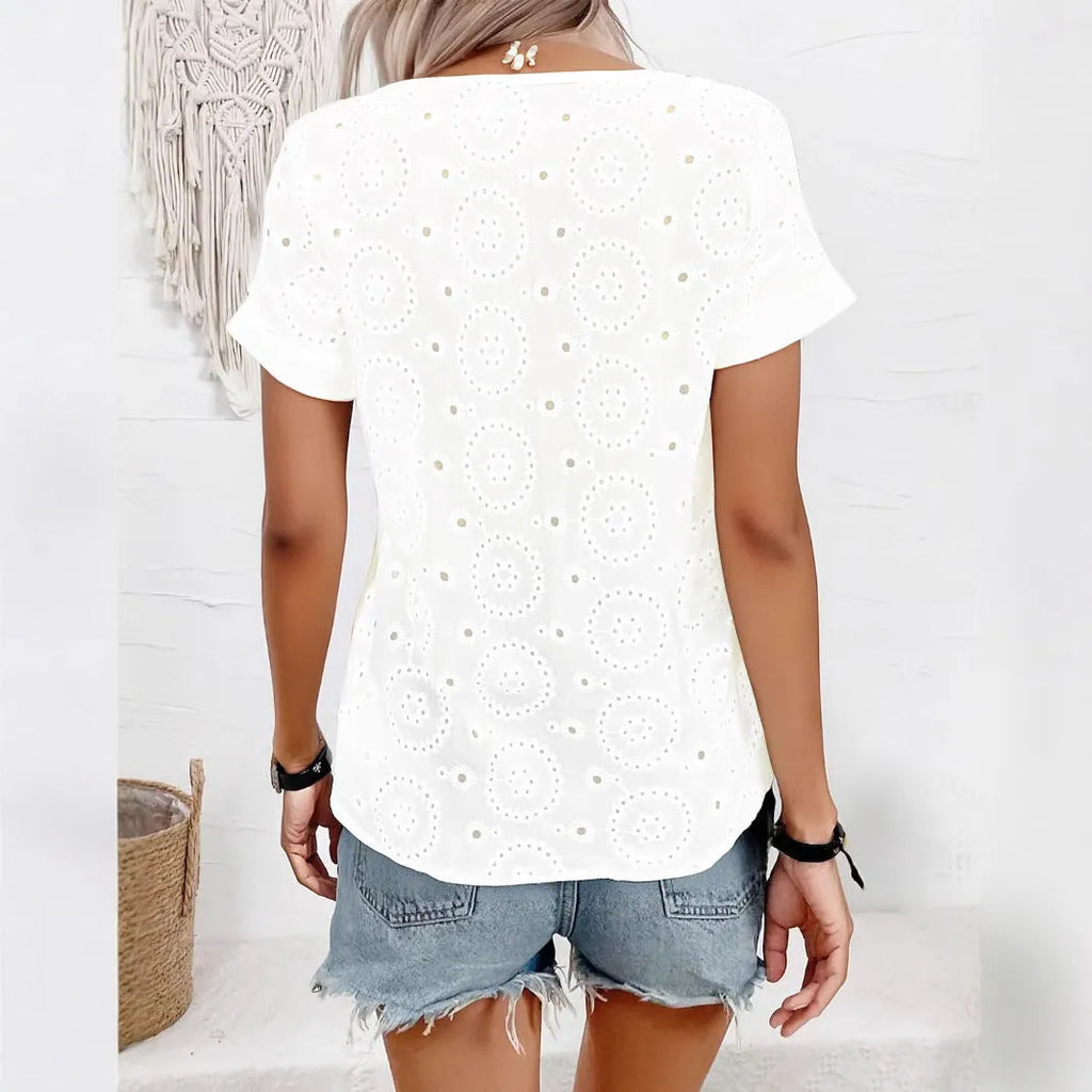 White women's V-neck short sleeve T-shirt with hollow French elegant detail, loose casual fit.