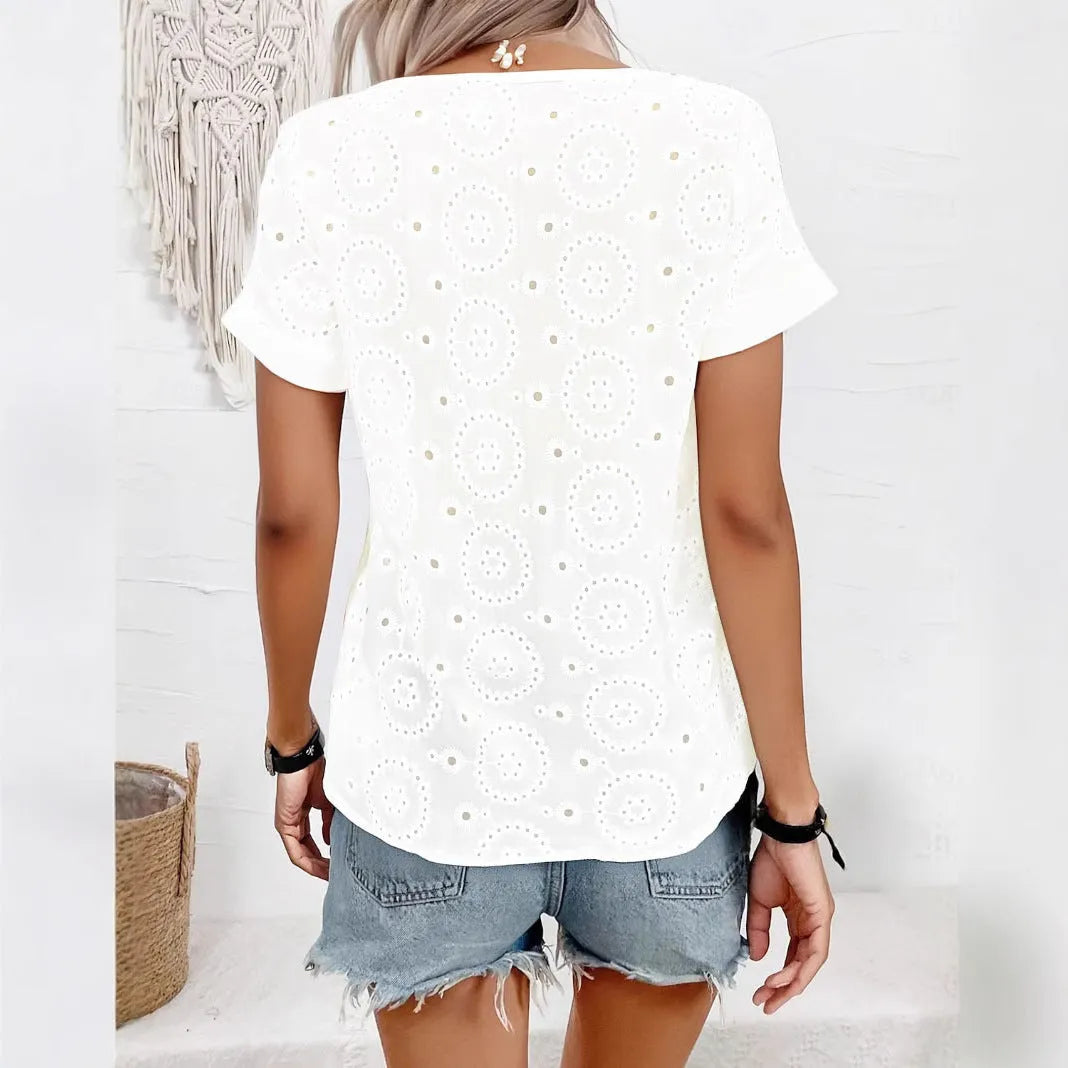 White women's V-neck short sleeve T-shirt with hollow French elegant detail, loose casual fit.