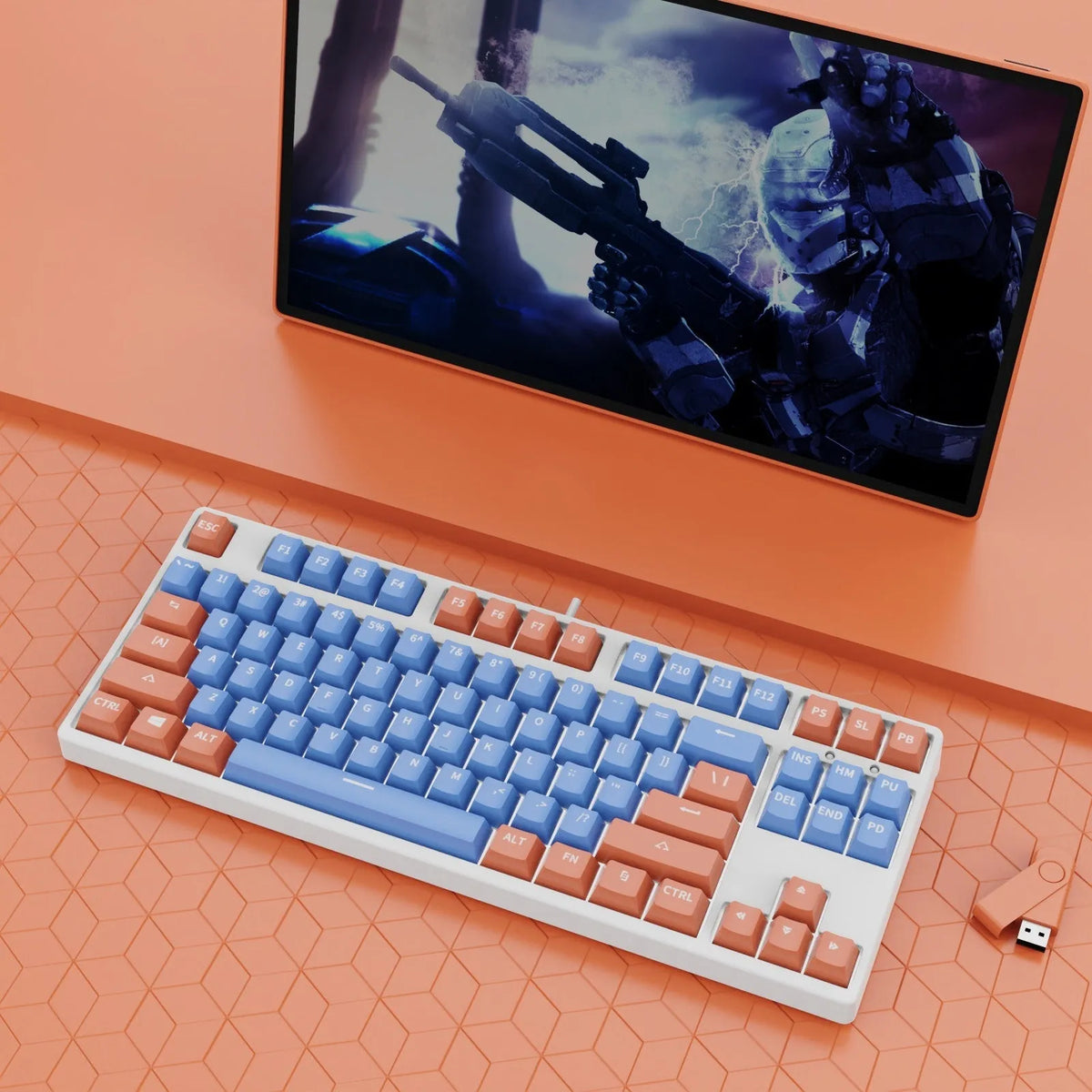 87-key wired mechanical keyboard with hot-swappable switches showing multiple colour combination options