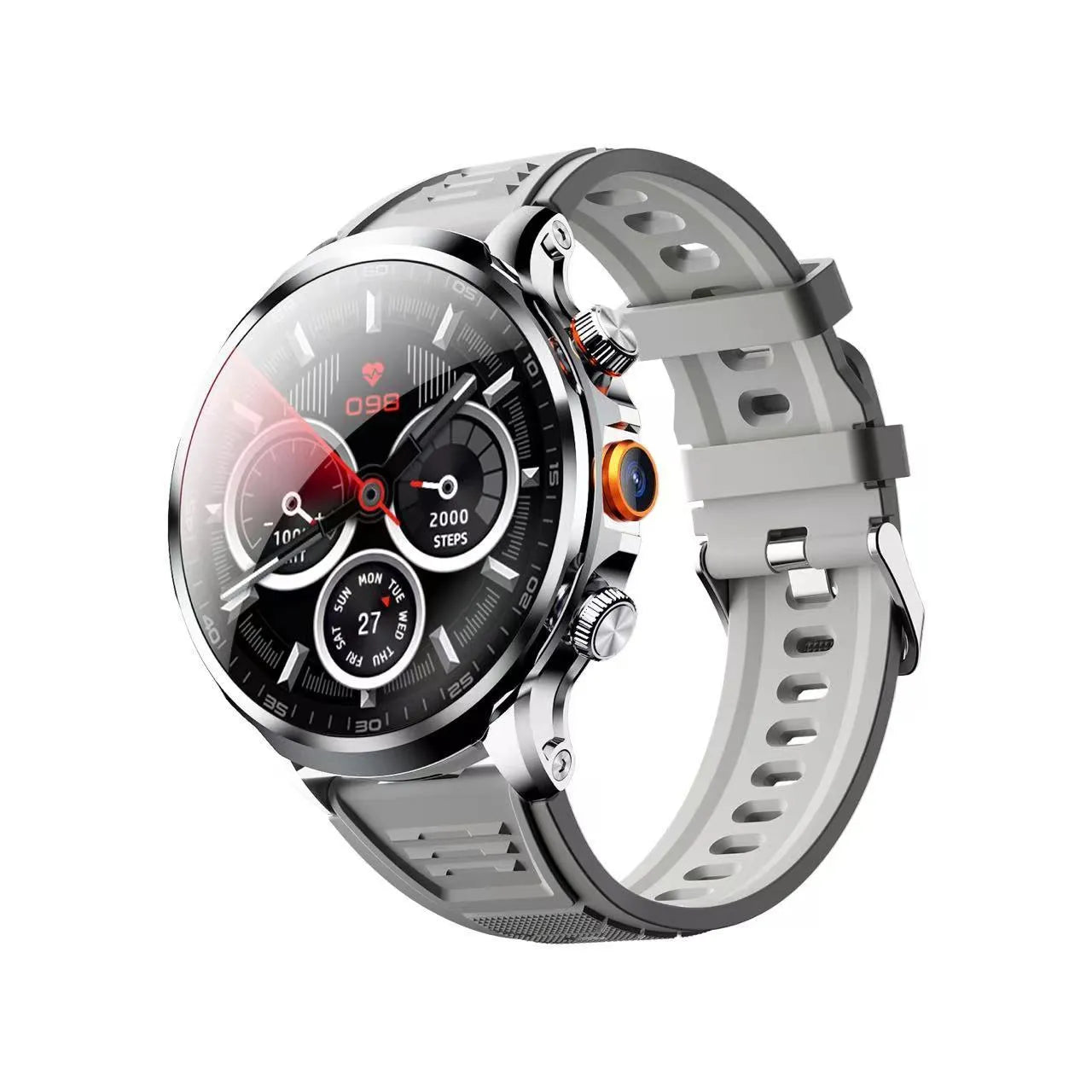 H18 round screen smart watch in black with steel band showing IPS display and touch button controls