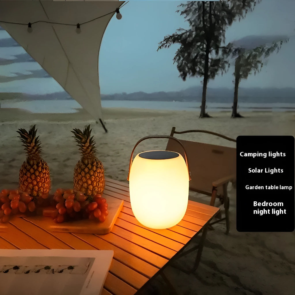 White plastic solar garden ambience light with IP65 rating, USB charging, shown in 18x27cm and 21x31cm sizes