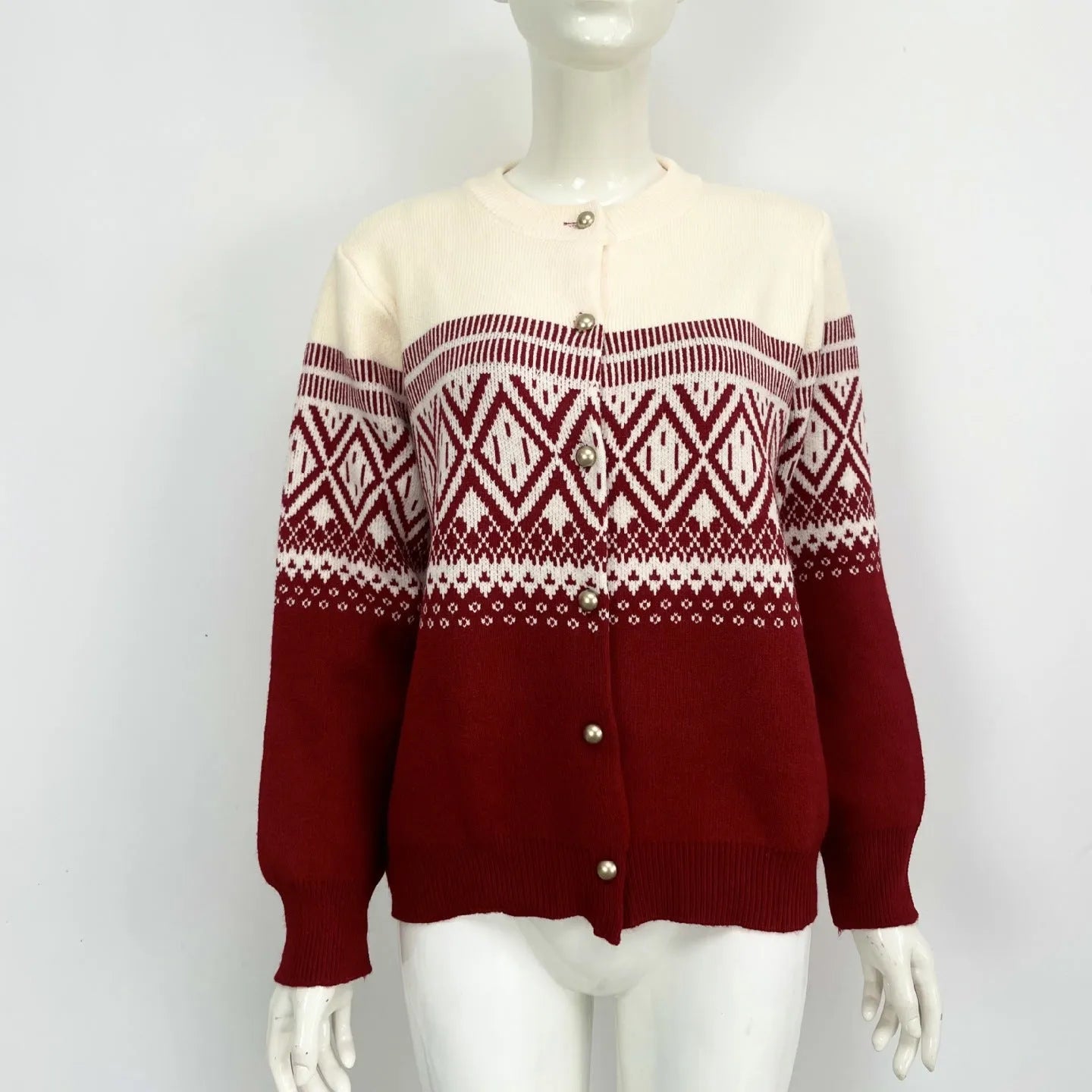 Women's red alpaca fleece cardigan with grey diamond pattern and long sleeves
