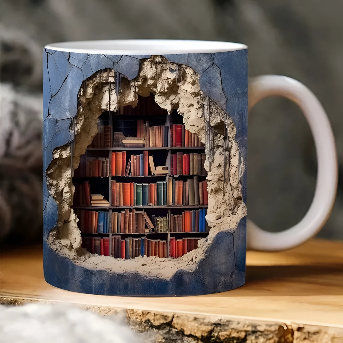 3D bookshelf ceramic mug with handle featuring library shelf design, 350ml capacity, 9.8x8cm size