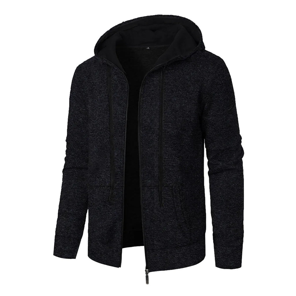 Men's loose fit polyester hooded cardigan coat in solid colour, long sleeves, casual sports style