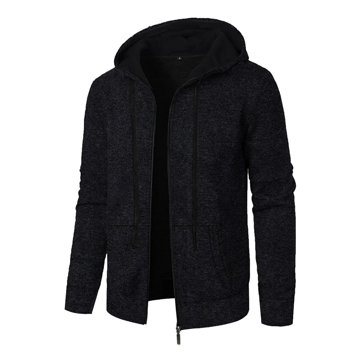 Men's loose fit polyester hooded cardigan coat in solid colour, long sleeves, casual sports style