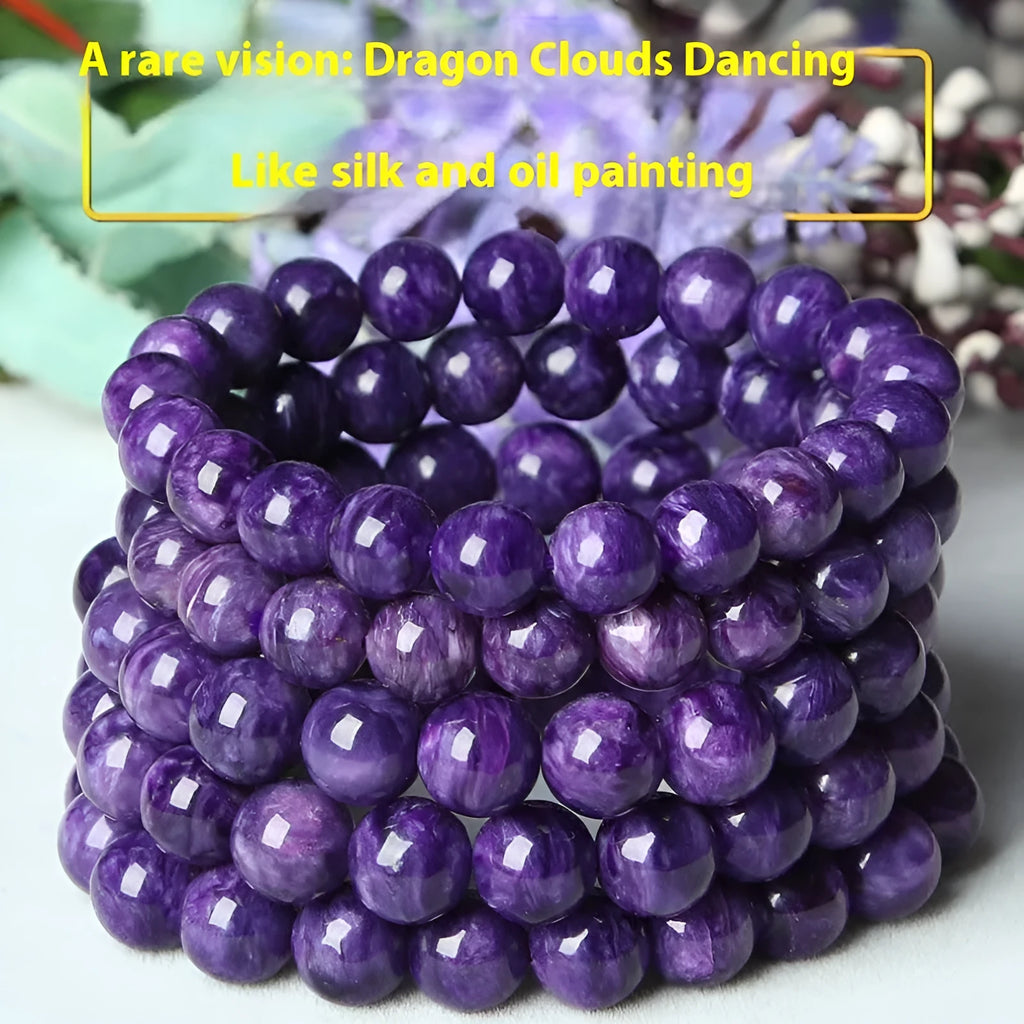 Natural charoite crystal bracelet with platinum setting showing transparent crystals