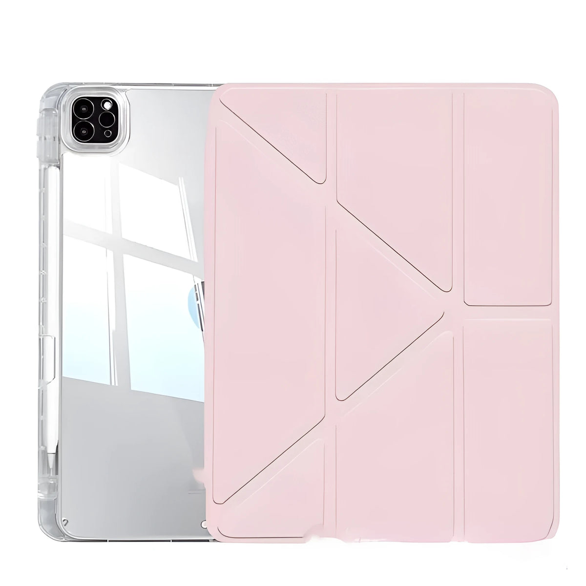 Clear acrylic iPad protective cover with a folding stand, shown in multiple colour options.