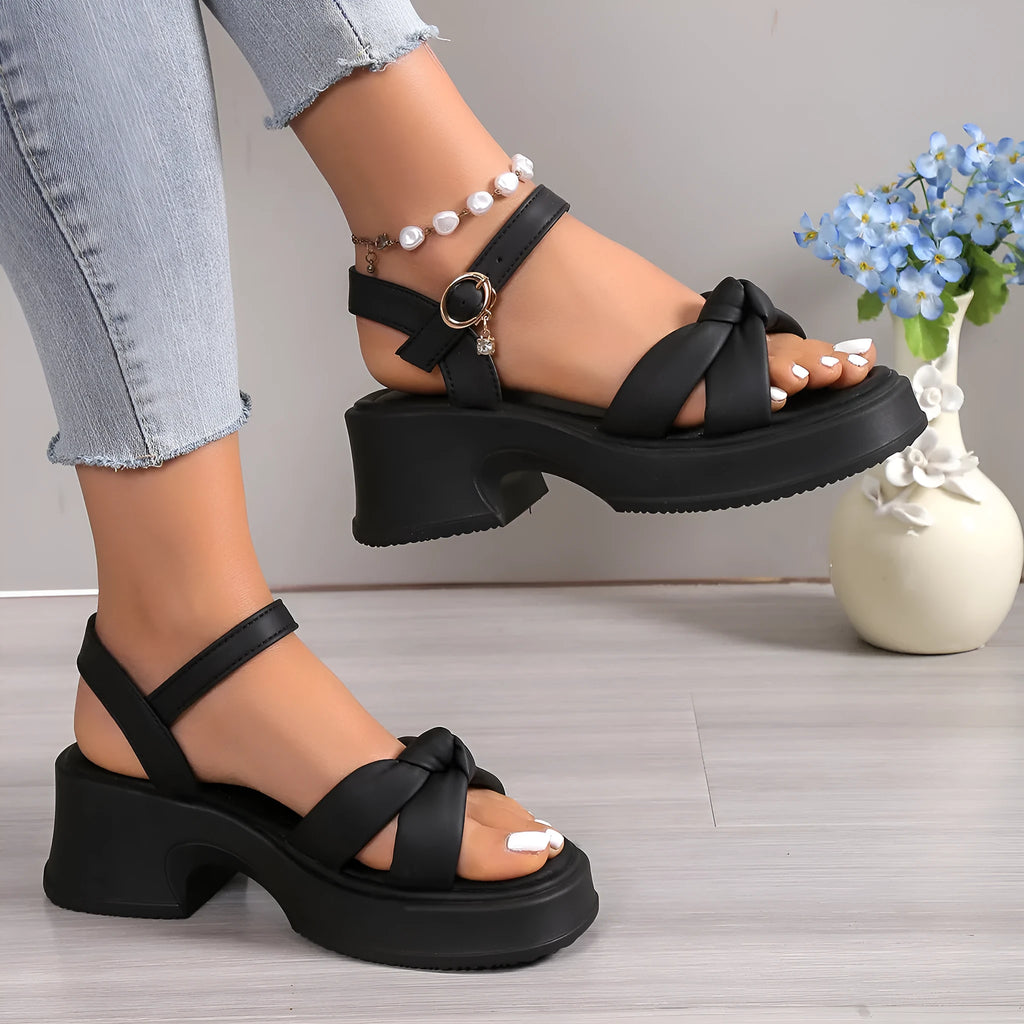 Women's black thick heel slippers with round toe and button closure