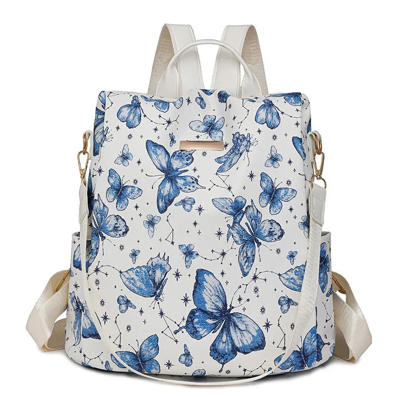 Butterfly printed large capacity backpack in multiple colours showing shoulder straps and fresh sweet style