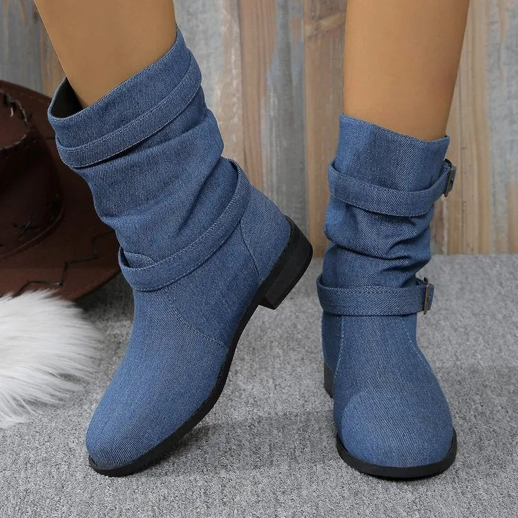Women's denim leather boots with square heel, round toe, mid heel 3-5cm, high cylinder, artificial PU upper, rubber sole