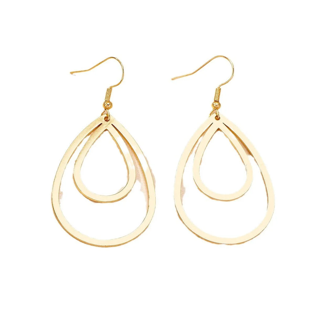 Golden yellow hollow drop earrings made from iron, shown as a pair with an open drop shape