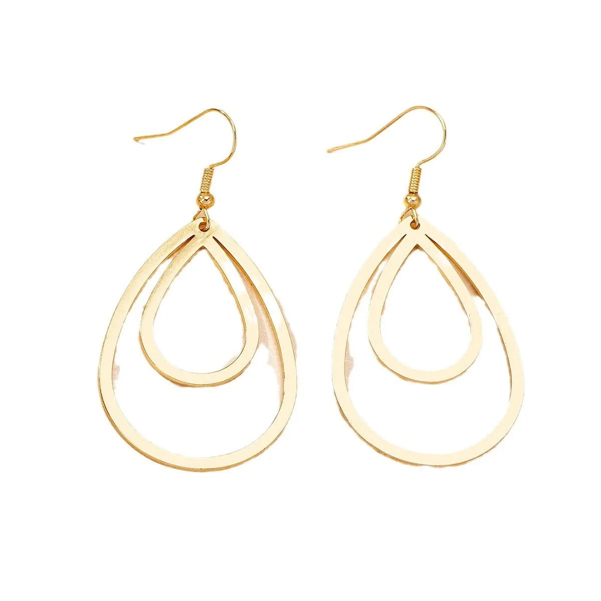 Golden yellow hollow drop earrings made from iron, shown as a pair with an open drop shape