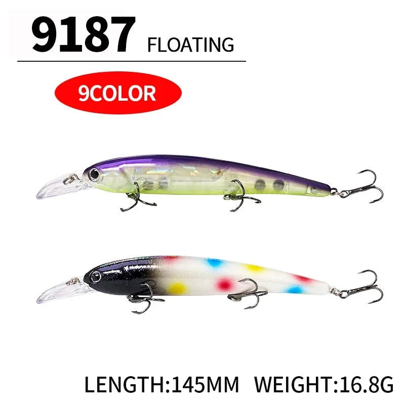 145mm deep diving long tongue plate floating minnow lure in colour options A through J for light sea water fishing