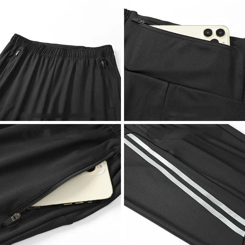 Men's black polyester sports trousers with mid waist design for running and exercise