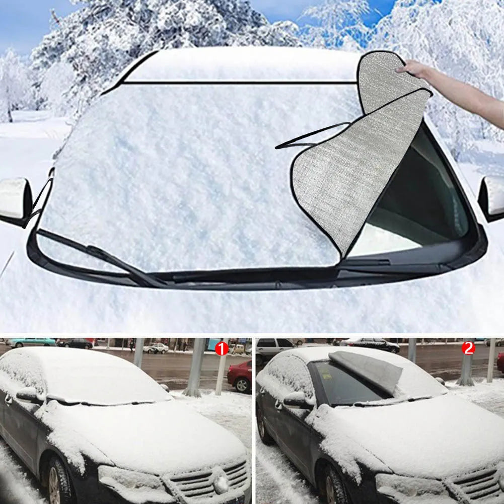 Car snow protection front gear made of aluminum film foam polyester fabric with lanyard installation system