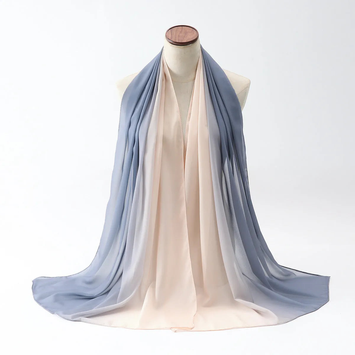 Long women's chiffon scarf with bubble towel texture draped to show its 175cm length and colour.