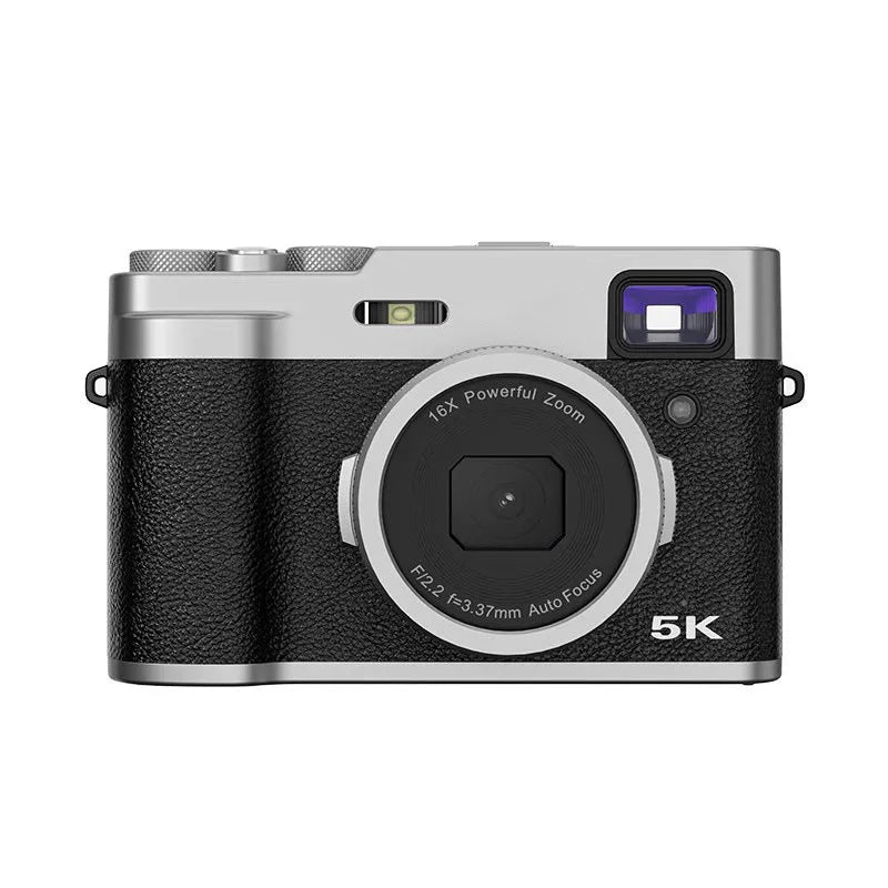 Black or brown 5K digital camera with dual lenses, optical viewfinder, and 2.88-inch screen.