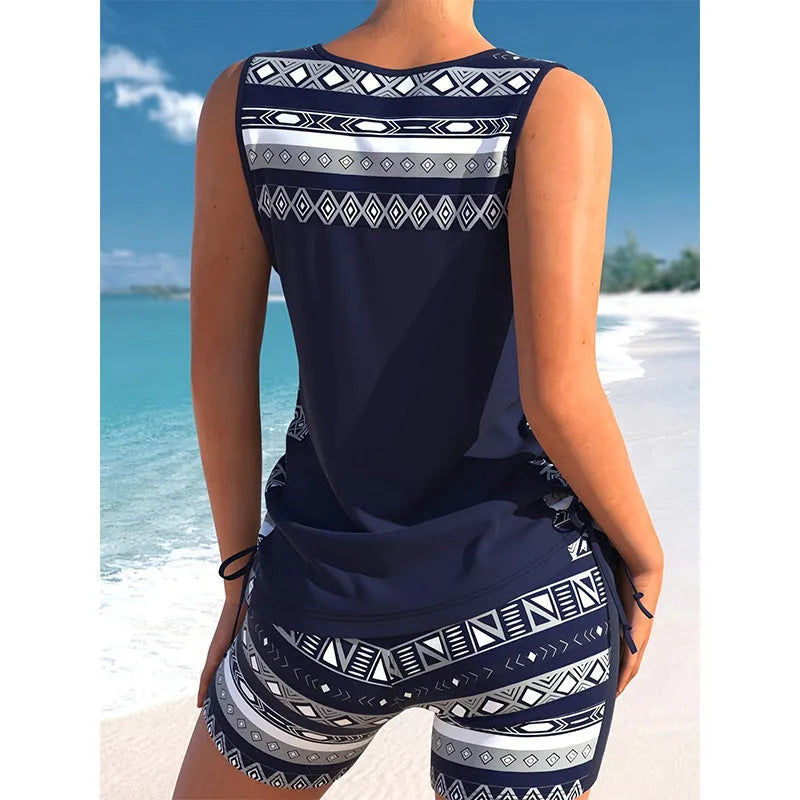 Women's polyester one-piece swimsuit, sleeveless briefs style, conservative split design, sizes S to XXL