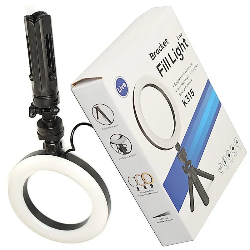 Black desktop smartphone streaming bracket with adjustable fill light on tripod mount