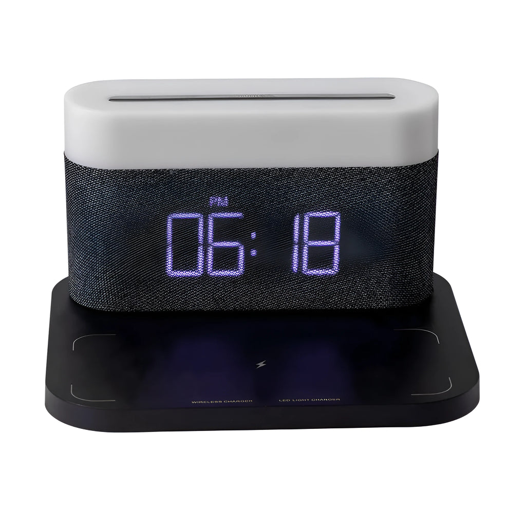 Wireless charging desktop clock night light lamp in black or white glass and ABS construction