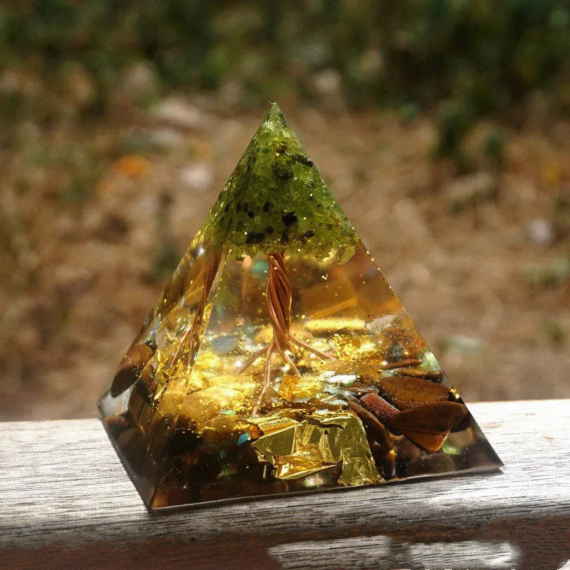 6cm tall epoxy resin pyramid ornament with embedded natural crystal gravel particles