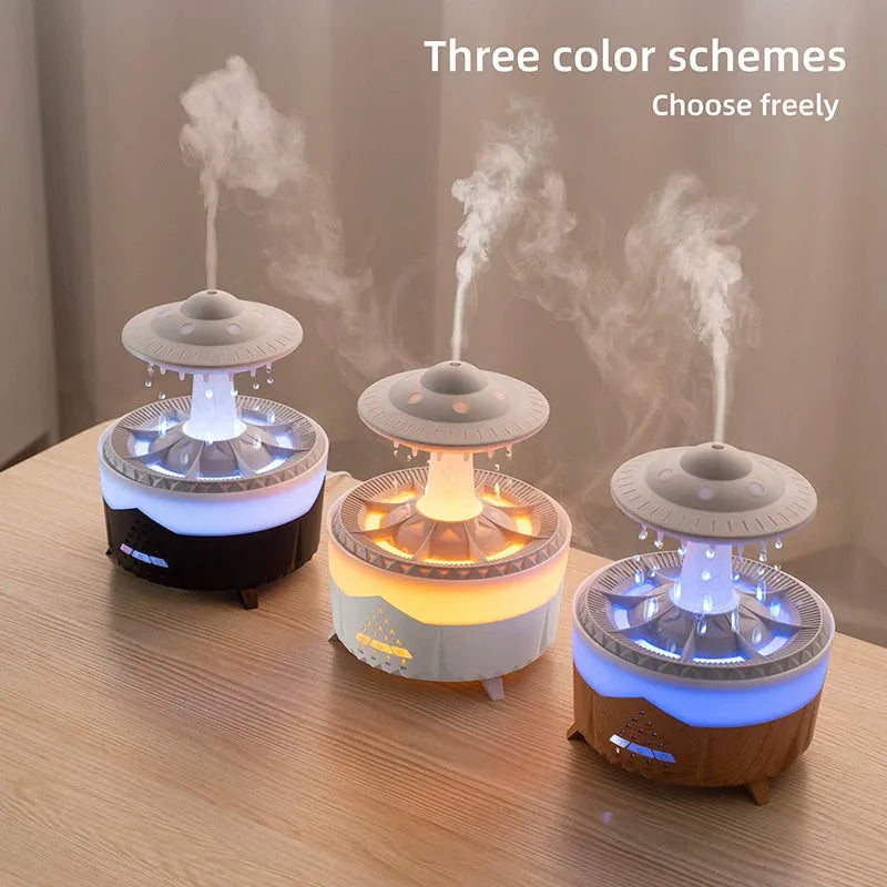 White UFO Raindrop Humidifier with 7-colour nightlight and essential oil diffuser on table