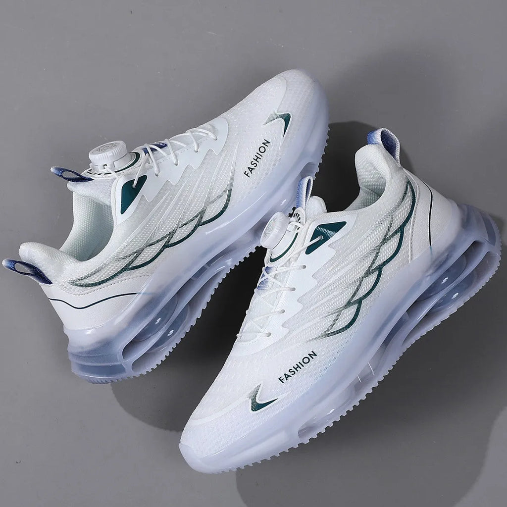 White Korean style men's casual trainers with rotating button lace-up closure and mesh upper