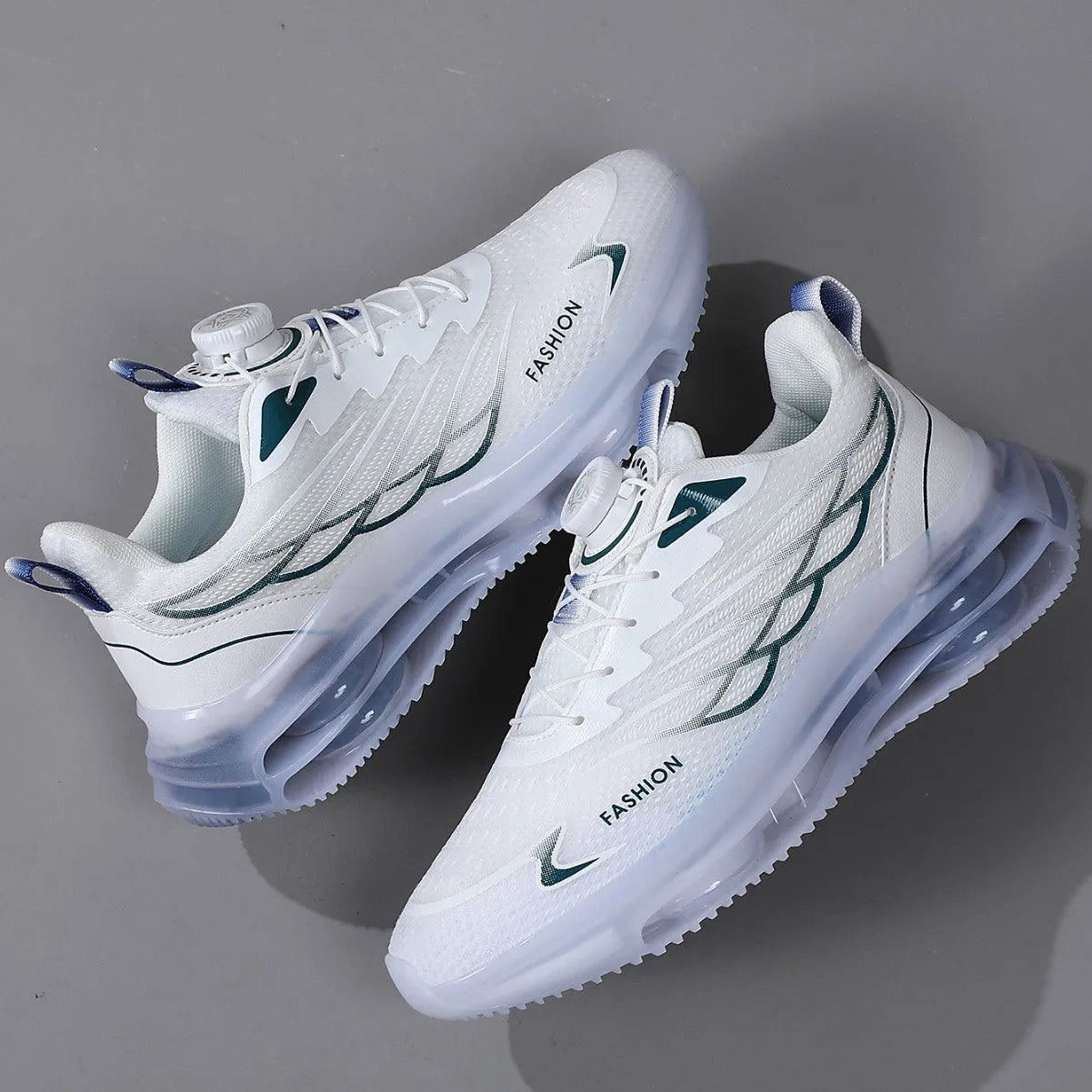 White Korean style men's casual trainers with rotating button lace-up closure and mesh upper